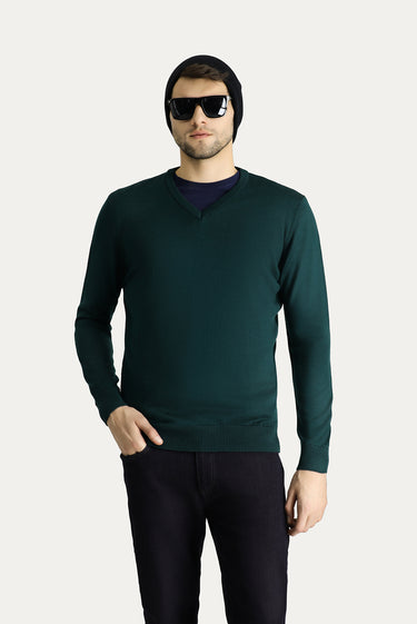 Koyu Petrol V Yaka Slim Fit Dar Kesim Triko Kazak