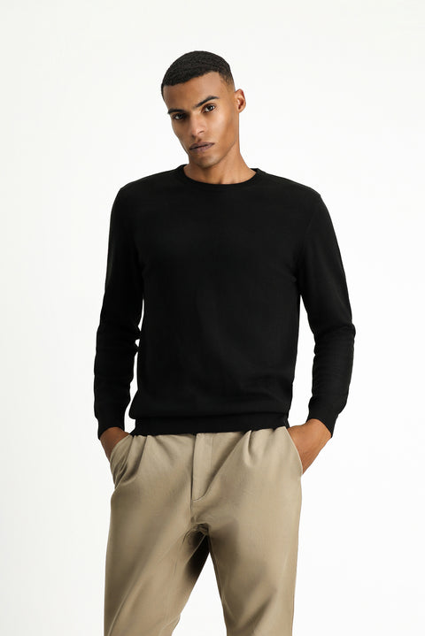 Siyah Bisiklet Yaka Regular Fit Pamuklu Triko Kazak