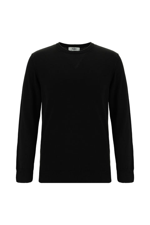 Siyah Bisiklet Yaka Regular Fit Pamuklu Triko Kazak