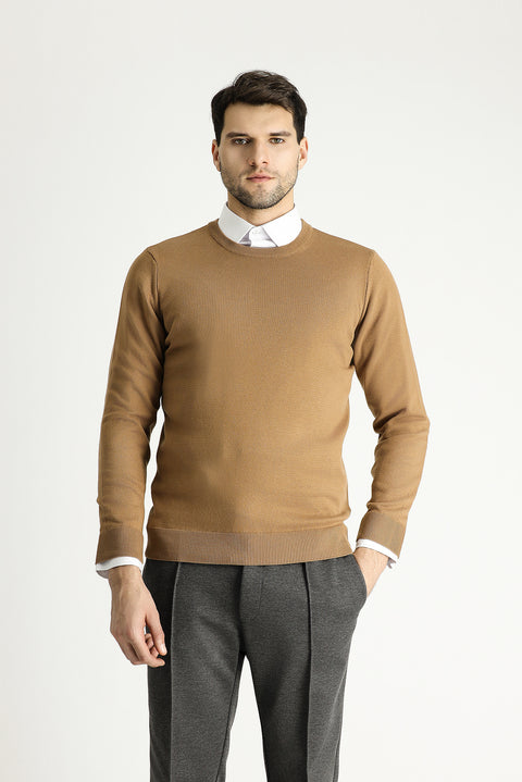 Camel Bisiklet Yaka Regular Fit Pamuklu Triko Kazak