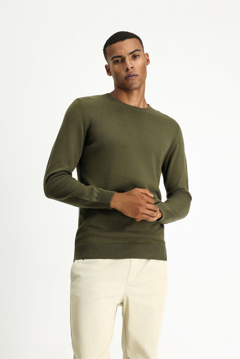 Orta Haki Bisiklet Yaka Regular Fit Pamuklu Triko Kazak