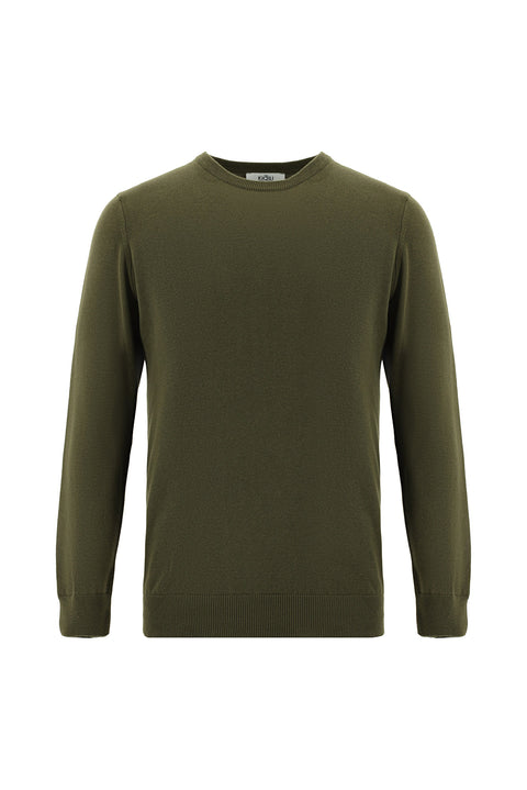 Medium Khaki Crew Neck Regular Fit Cotton Knit Sweater
