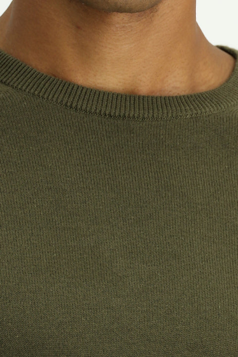 Orta Haki Bisiklet Yaka Regular Fit Pamuklu Triko Kazak