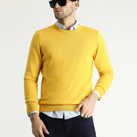 Koyu Sarı Bisiklet Yaka Regular Fit Pamuklu Triko Kazak