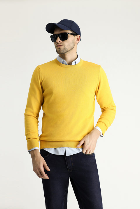 Koyu Sarı Bisiklet Yaka Regular Fit Pamuklu Triko Kazak