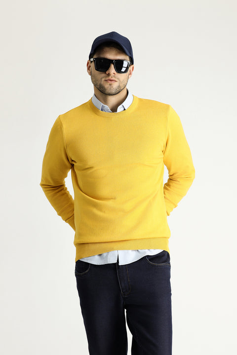 Koyu Sarı Bisiklet Yaka Regular Fit Pamuklu Triko Kazak