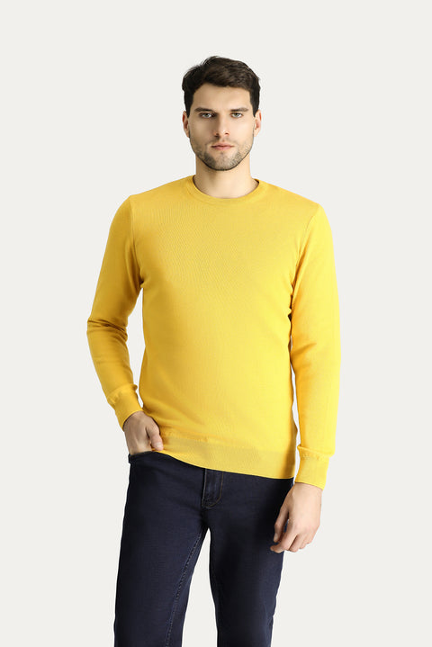 Koyu Sarı Bisiklet Yaka Regular Fit Pamuklu Triko Kazak