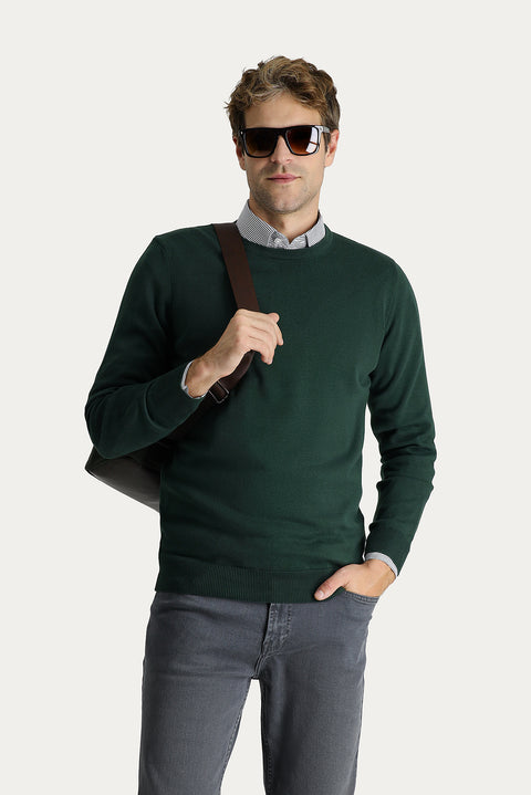 Orman Yeşili Bisiklet Yaka Regular Fit Pamuklu Triko Kazak