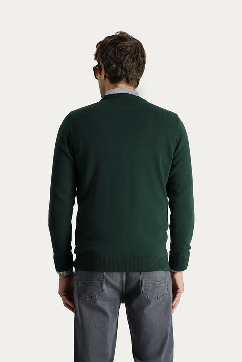 Orman Yeşili Bisiklet Yaka Regular Fit Pamuklu Triko Kazak