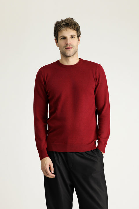 Koyu Kırmızı Bisiklet Yaka Regular Fit Pamuklu Triko Kazak