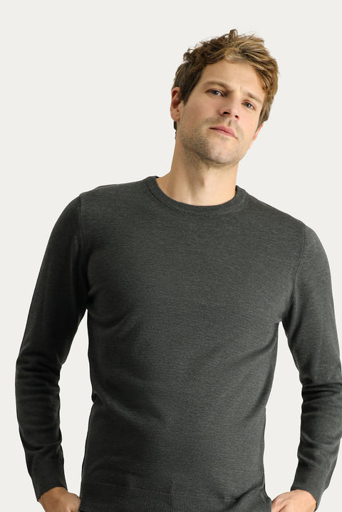 Koyu Antrasit Melanj Bisiklet Yaka Regular Fit Pamuklu Triko Kazak