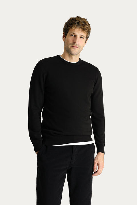 Siyah Bisiklet Yaka Slim Fit Dar Kesim Pamuklu Triko Kazak