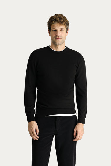 Siyah Bisiklet Yaka Slim Fit Dar Kesim Pamuklu Triko Kazak