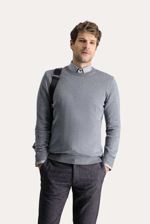 Orta Gri Melanj Bisiklet Yaka Slim Fit Dar Kesim Pamuklu Triko Kazak