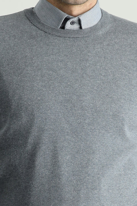 Orta Gri Melanj Bisiklet Yaka Slim Fit Dar Kesim Pamuklu Triko Kazak