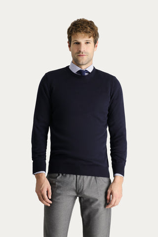  Koyu Lacivert Bisiklet Yaka Slim Fit Dar Kesim Pamuklu Triko Kazak