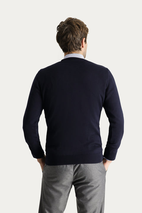 Koyu Lacivert Bisiklet Yaka Slim Fit Dar Kesim Pamuklu Triko Kazak