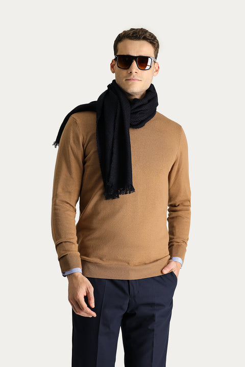 Camel Bisiklet Yaka Slim Fit Dar Kesim Pamuklu Triko Kazak