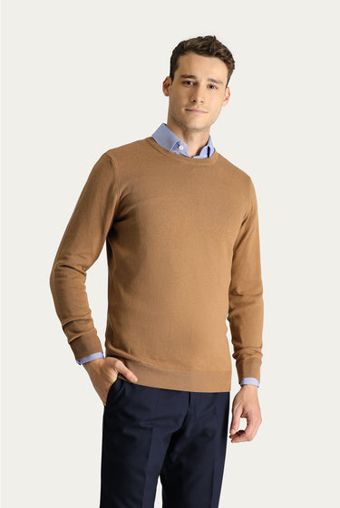 Camel Bisiklet Yaka Slim Fit Dar Kesim Pamuklu Triko Kazak