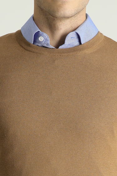 Camel Bisiklet Yaka Slim Fit Dar Kesim Pamuklu Triko Kazak