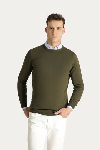  Orta Haki Bisiklet Yaka Slim Fit Dar Kesim Pamuklu Triko Kazak