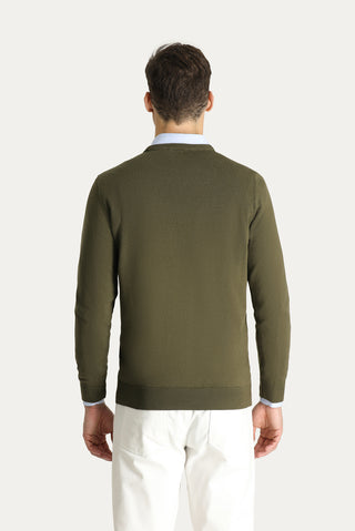  Orta Haki Bisiklet Yaka Slim Fit Dar Kesim Pamuklu Triko Kazak