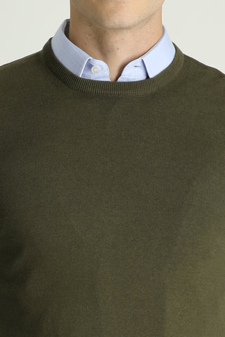  Orta Haki Bisiklet Yaka Slim Fit Dar Kesim Pamuklu Triko Kazak