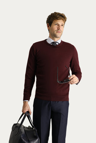  Koyu Bordo Bisiklet Yaka Slim Fit Dar Kesim Pamuklu Triko Kazak