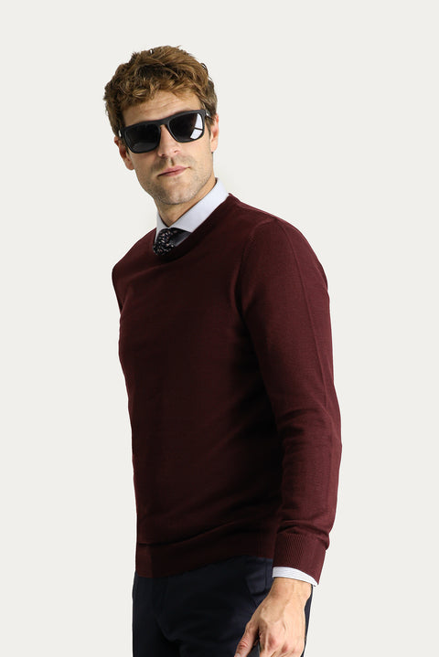 Koyu Bordo Bisiklet Yaka Slim Fit Dar Kesim Pamuklu Triko Kazak