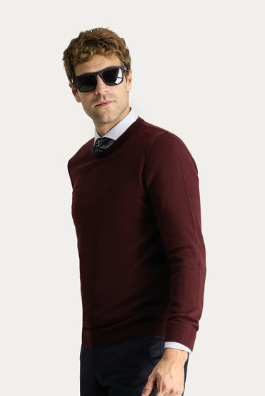 Koyu Bordo Bisiklet Yaka Slim Fit Dar Kesim Pamuklu Triko Kazak