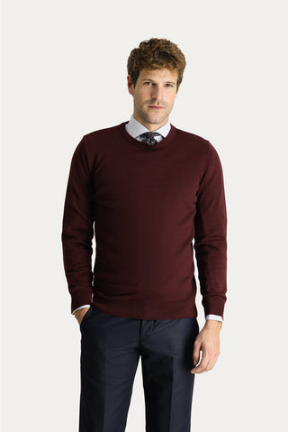  Koyu Bordo Bisiklet Yaka Slim Fit Dar Kesim Pamuklu Triko Kazak