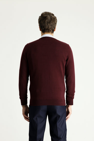 Koyu Bordo Bisiklet Yaka Slim Fit Dar Kesim Pamuklu Triko Kazak