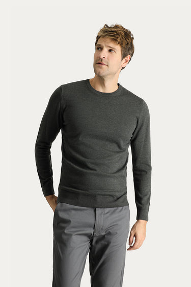 Koyu Antrasit Melanj Bisiklet Yaka Slim Fit Dar Kesim Pamuklu Triko Kazak