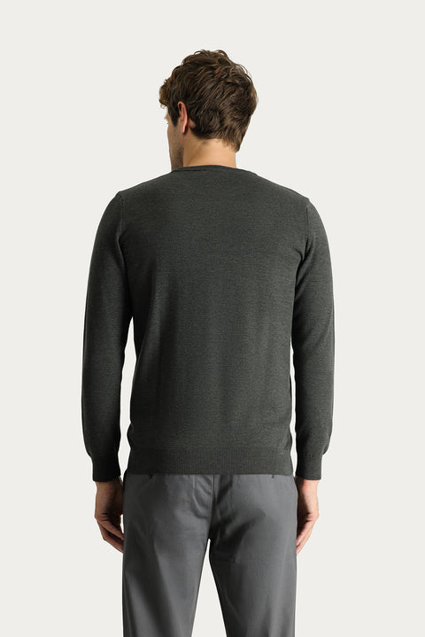 Koyu Antrasit Melanj Bisiklet Yaka Slim Fit Dar Kesim Pamuklu Triko Kazak