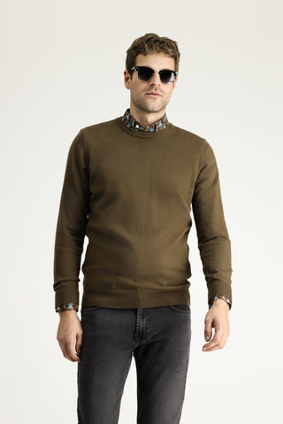  Koyu Vizon Bisiklet Yaka Slim Fit Dar Kesim Pamuklu Triko Kazak-Ki??l?