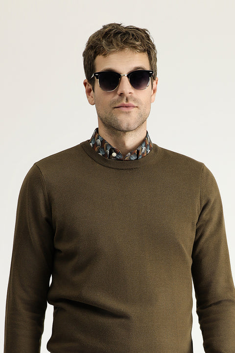 Koyu Vizon Bisiklet Yaka Slim Fit Dar Kesim Pamuklu Triko Kazak