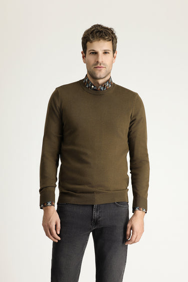 Koyu Vizon Bisiklet Yaka Slim Fit Dar Kesim Pamuklu Triko Kazak