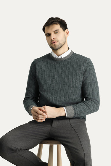 Orta Gri Bisiklet Yaka Slim Fit Dar Kesim Desenli Triko Kazak