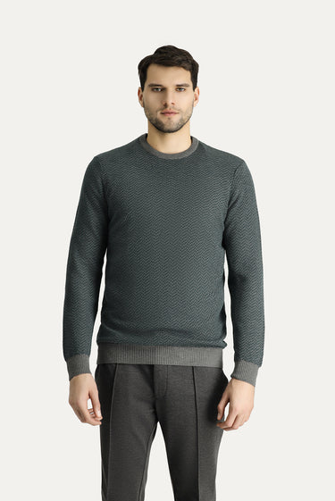 Orta Gri Bisiklet Yaka Slim Fit Dar Kesim Desenli Triko Kazak