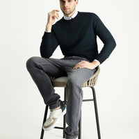 Koyu Lacivert Bisiklet Yaka Slim Fit Dar Kesim Desenli Triko Kazak