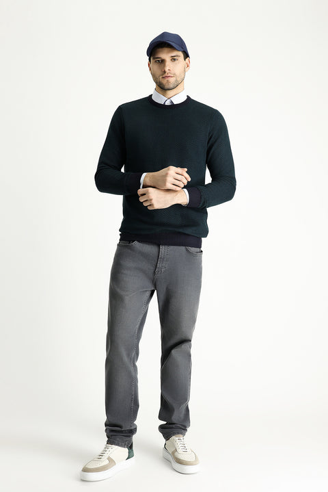 Koyu Lacivert Bisiklet Yaka Slim Fit Desenli Triko Kazak