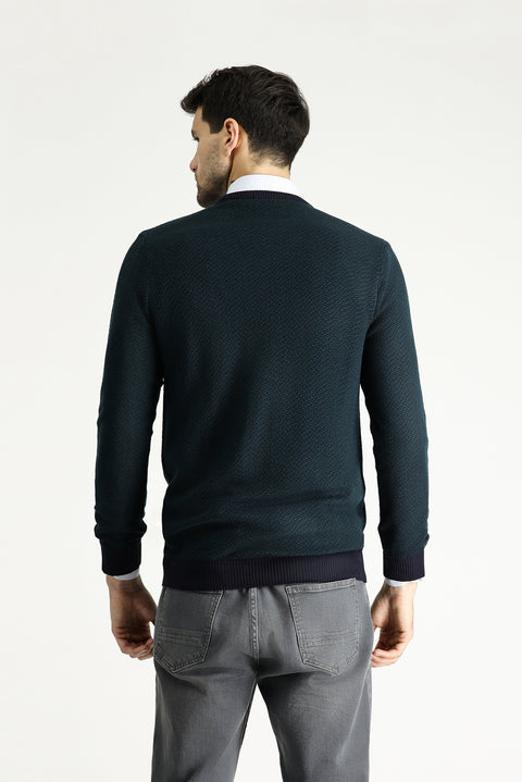 Koyu Lacivert Bisiklet Yaka Slim Fit Desenli Triko Kazak
