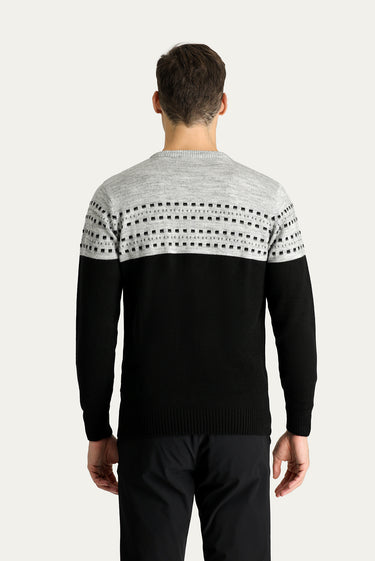 Siyah Bisiklet Yaka Slim Fit Dar Kesim Desenli Triko Kazak