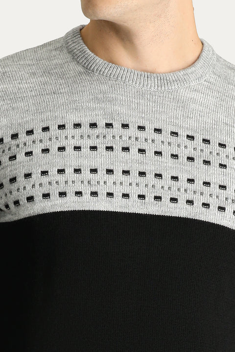 Siyah Bisiklet Yaka Slim Fit Desenli Triko Kazak