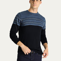 Koyu Lacivert Bisiklet Yaka Slim Fit Dar Kesim Desenli Triko Kazak