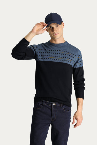  Koyu Lacivert Bisiklet Yaka Slim Fit Dar Kesim Desenli Triko Kazak