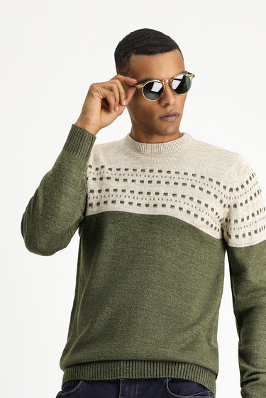  Orta Haki Bisiklet Yaka Slim Fit Dar Kesim Desenli Triko Kazak