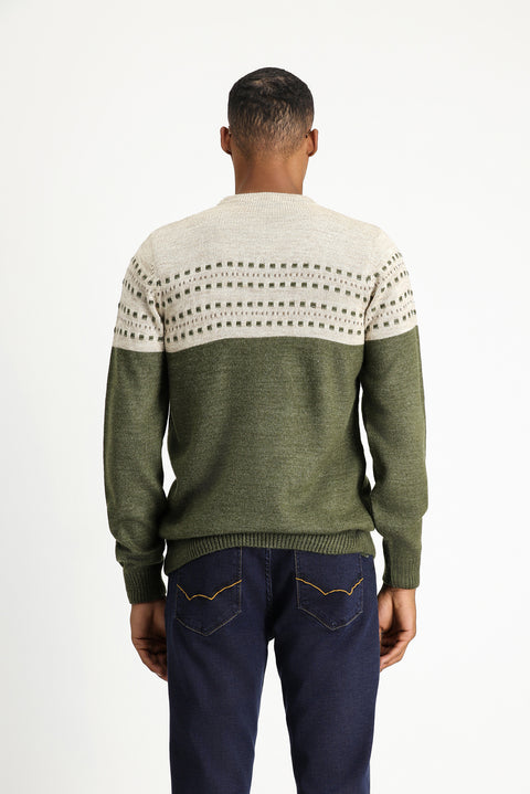 Orta Haki Bisiklet Yaka Slim Fit Desenli Triko Kazak