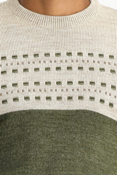 Orta Haki Bisiklet Yaka Slim Fit Dar Kesim Desenli Triko Kazak