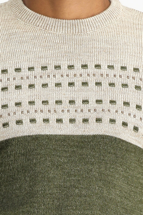 Orta Haki Bisiklet Yaka Slim Fit Desenli Triko Kazak